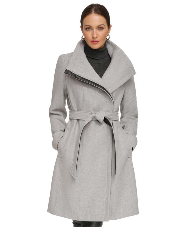 Dkny Womens Asymmetrical Belted Funnel-Neck Wool Blend Coat Product Image