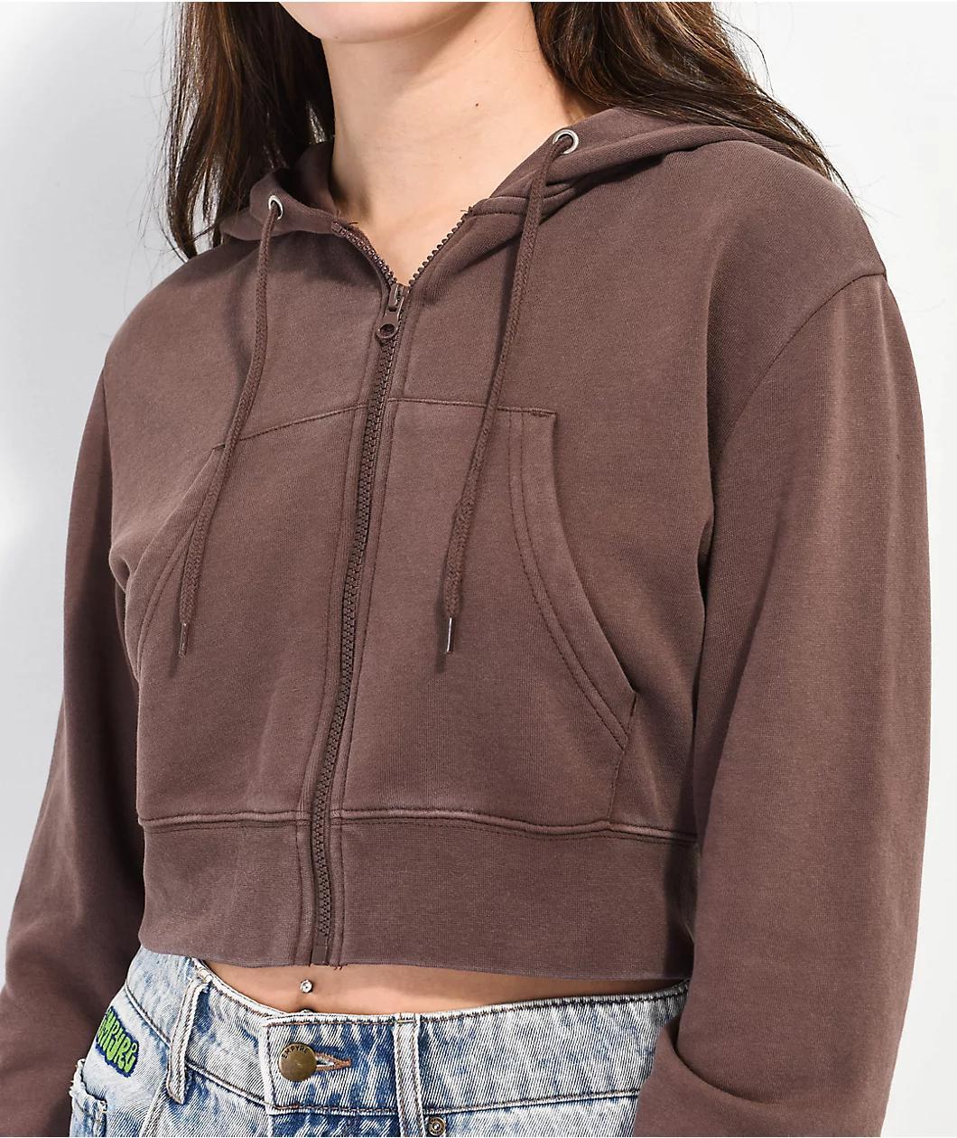 Zine Kya Brown Crop Zip Hoodie Product Image