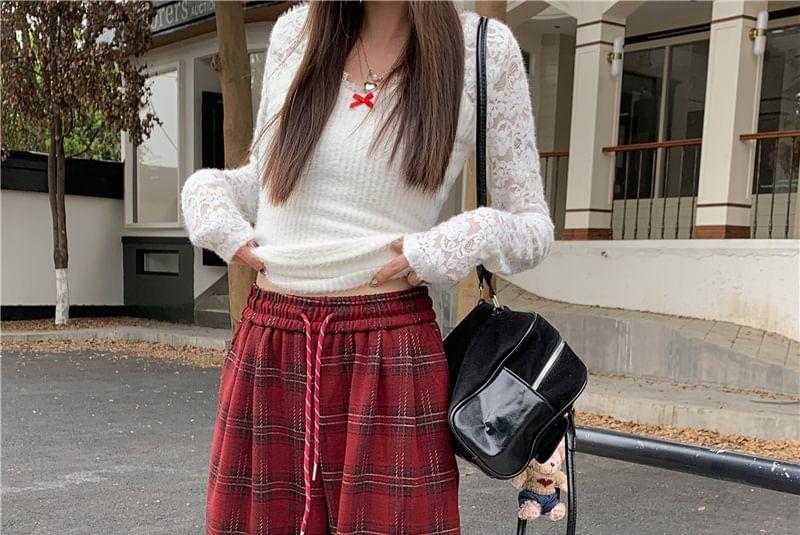 Drawstring Waist Plaid Wide Leg Pants Product Image