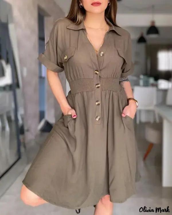 Olivia Mark – Ruched shirt dress with buttons and pocket Product Image