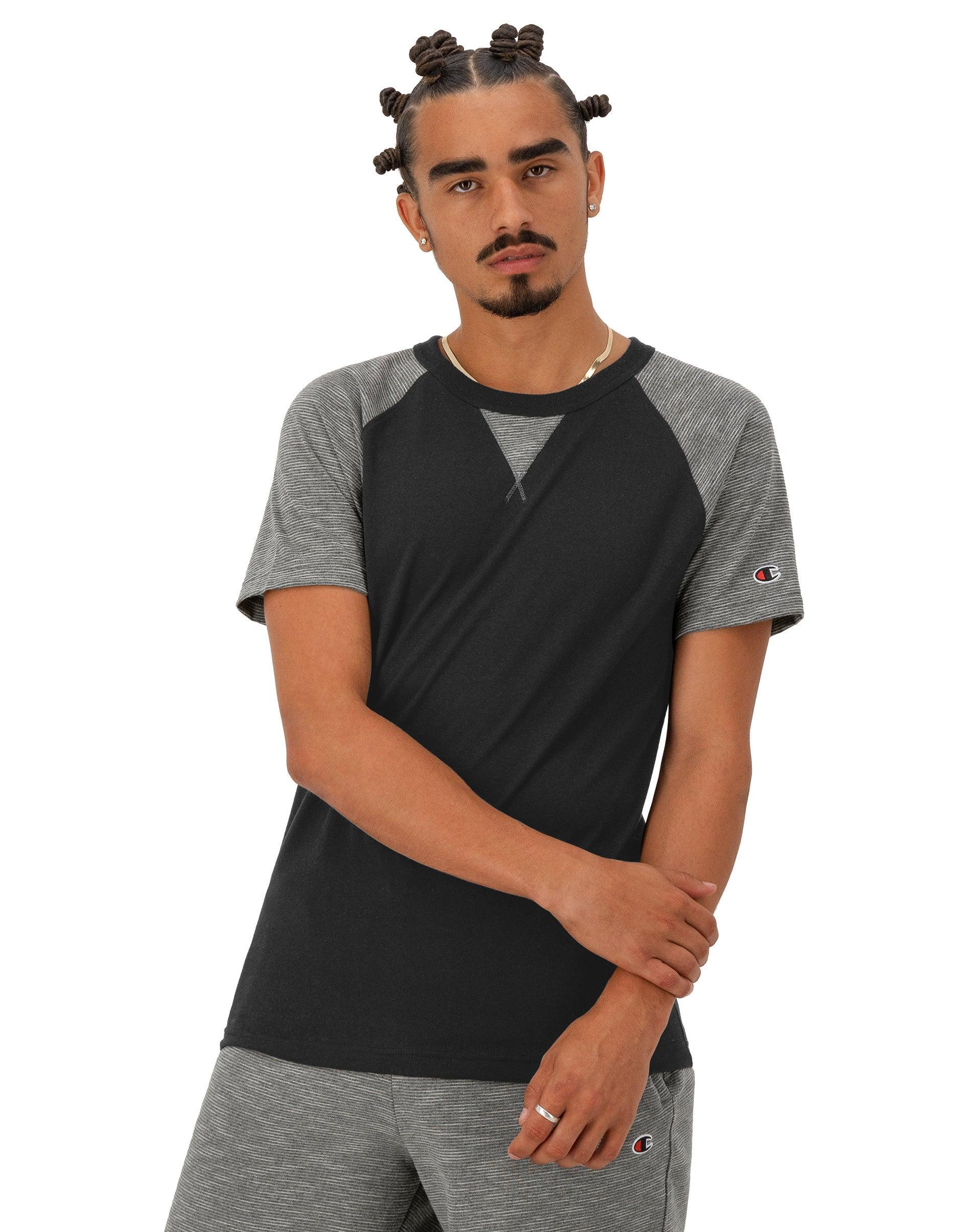 Mens Champion Striped T-Shirt, Raglan Sleeves Black/Manhattan Mist/Black M Product Image