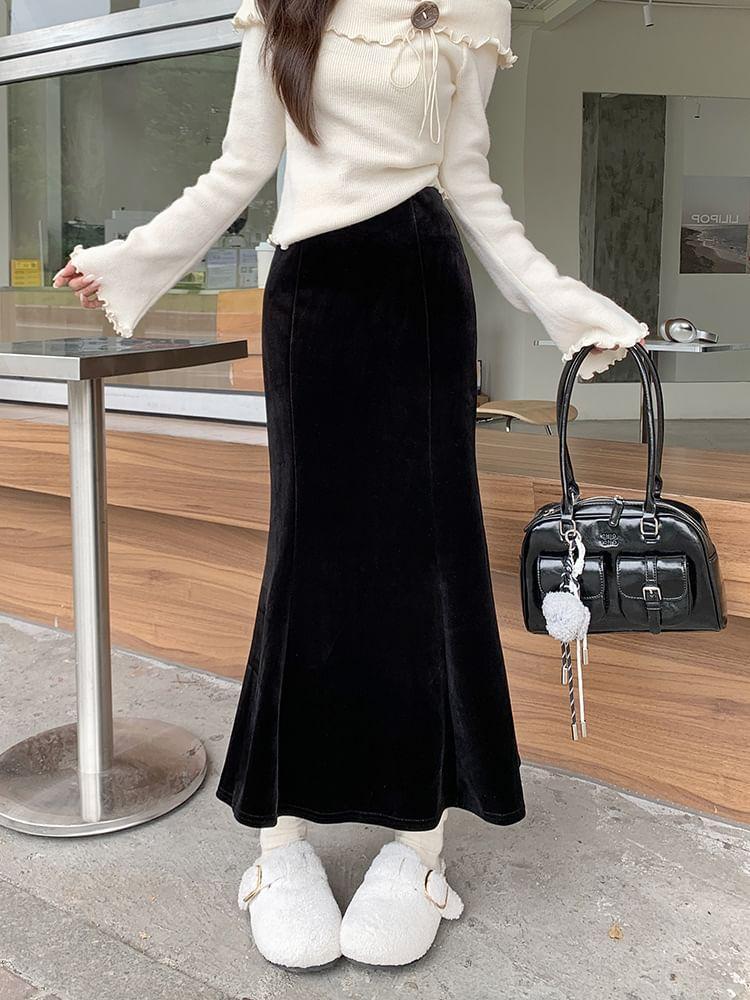 High Waist Plain Velvet Midi Fishtail Skirt Product Image