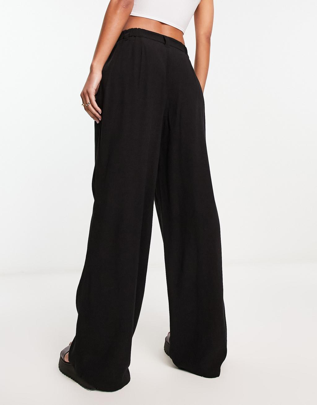 ASOS DESIGN wide leg dad pants with linen in black  Product Image