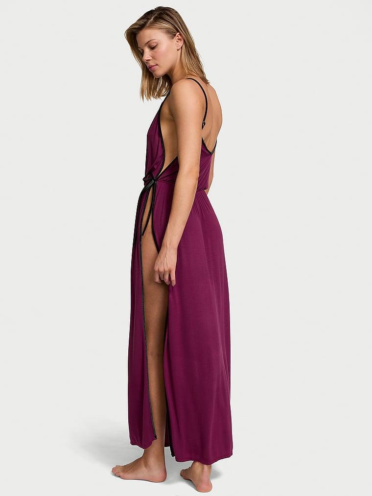 Ribbed Modal Velvet-Trim Long Slip Dress Product Image