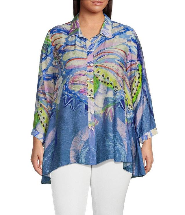 Ali Miles Plus Size Woven Printed Point Collar 3/4 Sleeve Button-Front Tunic Product Image