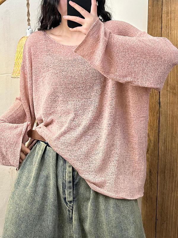 Long Sleeves Loose See-Through Solid Color Split-Joint Round-Neck T-Shirts Tops Product Image