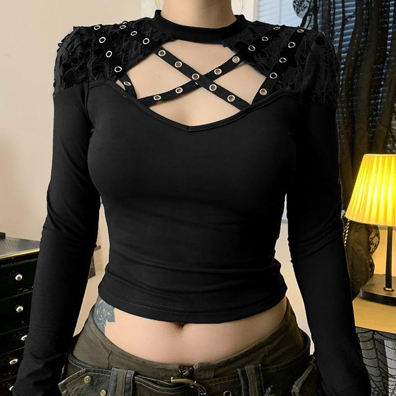 Long Sleeve Cut-Out Distressed Slim-Fit Crop Top Product Image