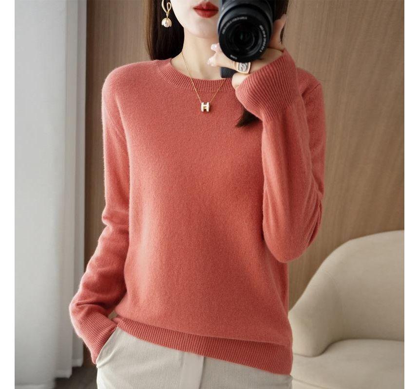 Long-Sleeve Round Neck Plain Knit Top Product Image