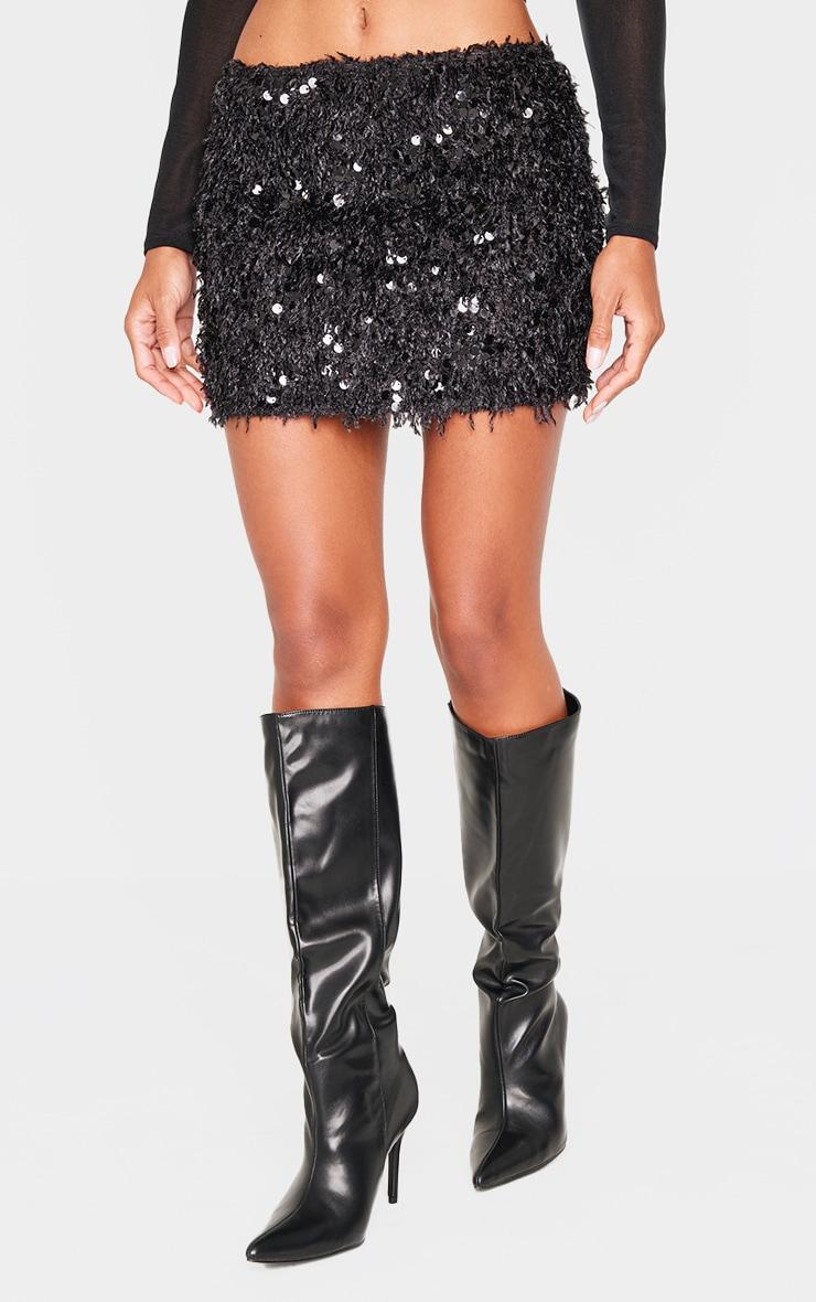 Black Faux Feather Sequin Micro Mini Skirt Product Image