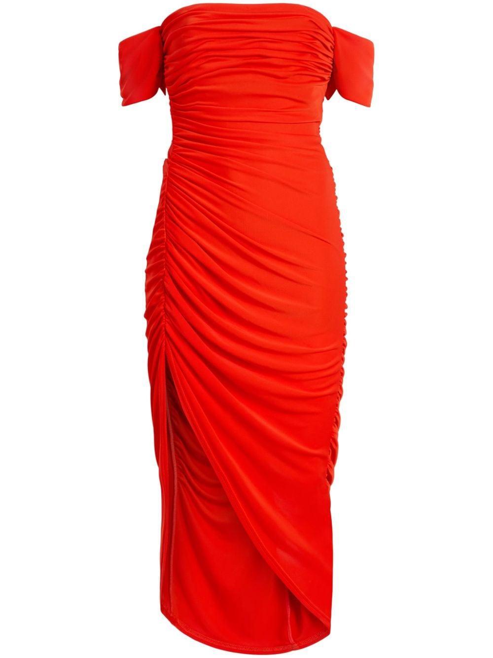 Delaney Ruched Midi Dress In Deep Tangelo Product Image