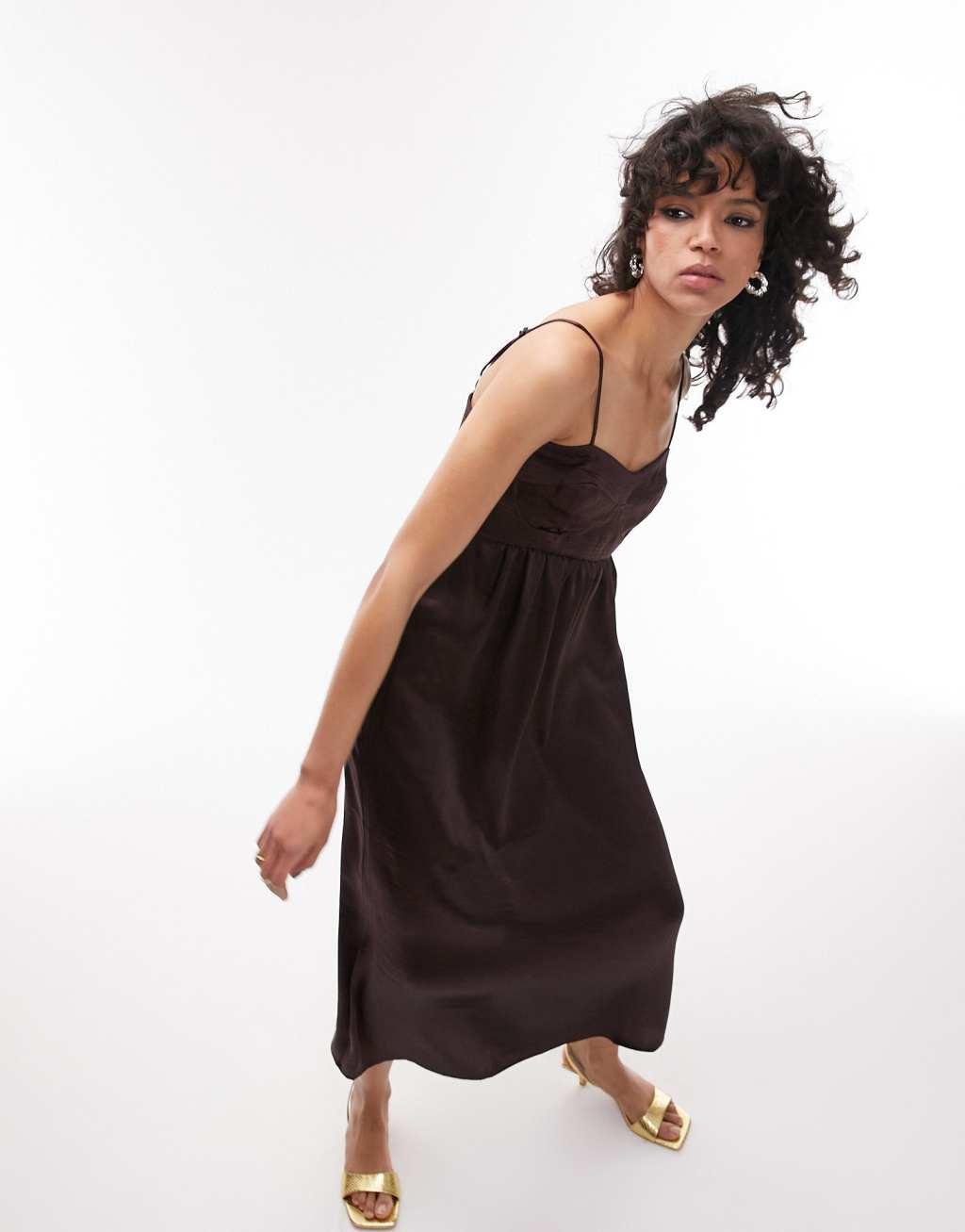 Topshop corset bust satin midi dress in chocolate Product Image