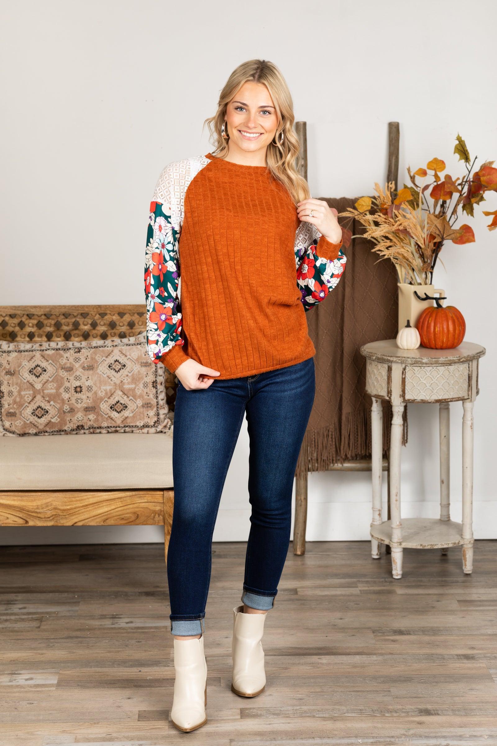 Floral Patchwork Raglan Sleeve Knit Top Product Image