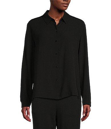 Eileen Fisher Silk Georgette Crepe Point Collar Long Sleeve Button Product Image