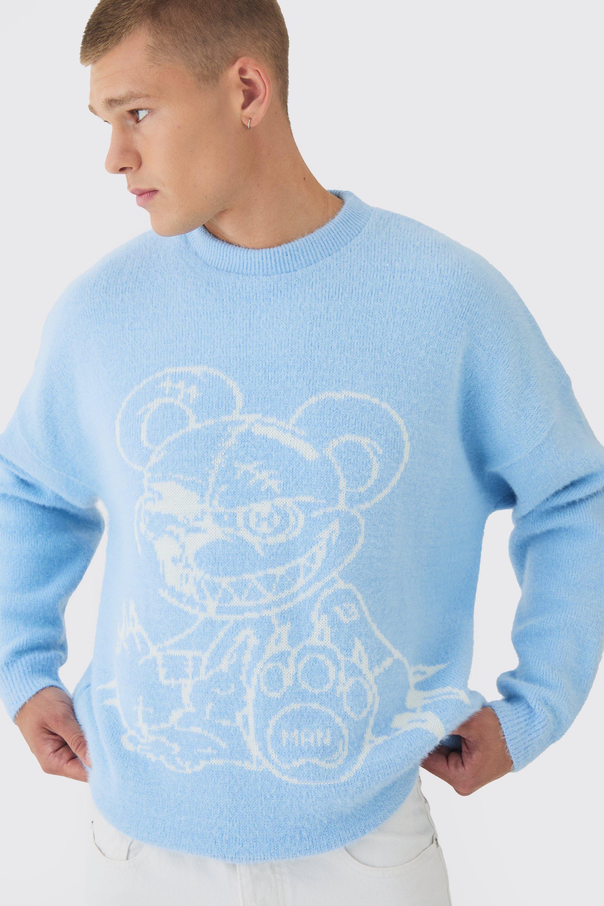 Oversized Fluffy Teddy Sweater in Blue | boohooMAN USA Product Image