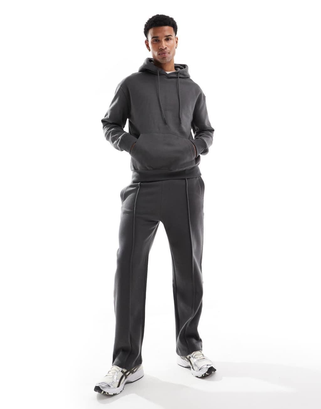 Bershka jersey hoodie and wide leg sweatpants in charcoal Product Image