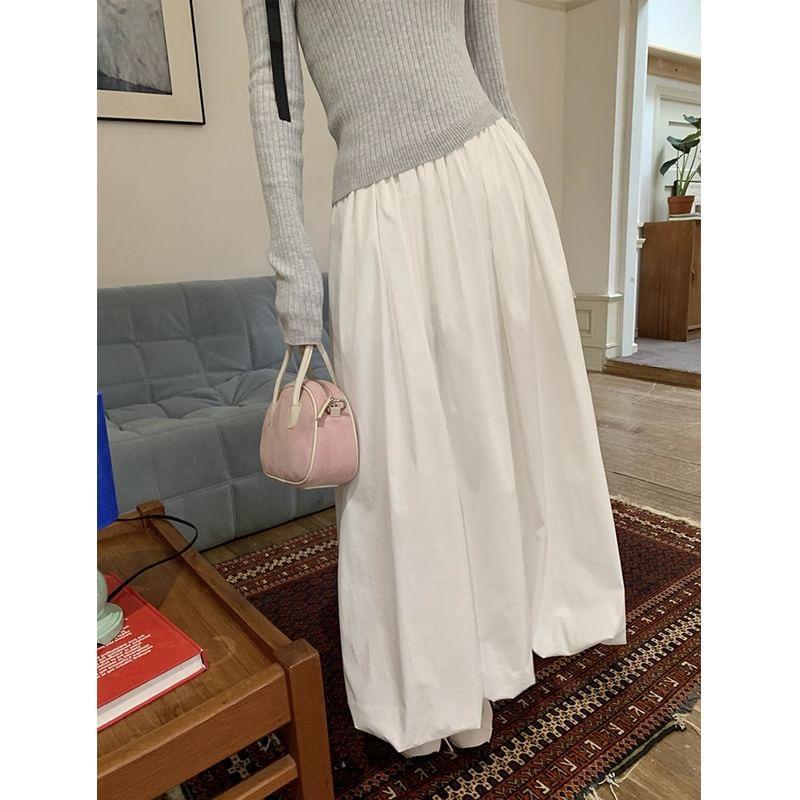 Long-Sleeve Boat Neck Bow Ribbed Knit Top / High Rise Midi A-Line Balloon Skirt Product Image