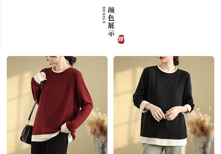 Mock Two-Piece Long-Sleeve Crewneck Two Tone Tee Product Image