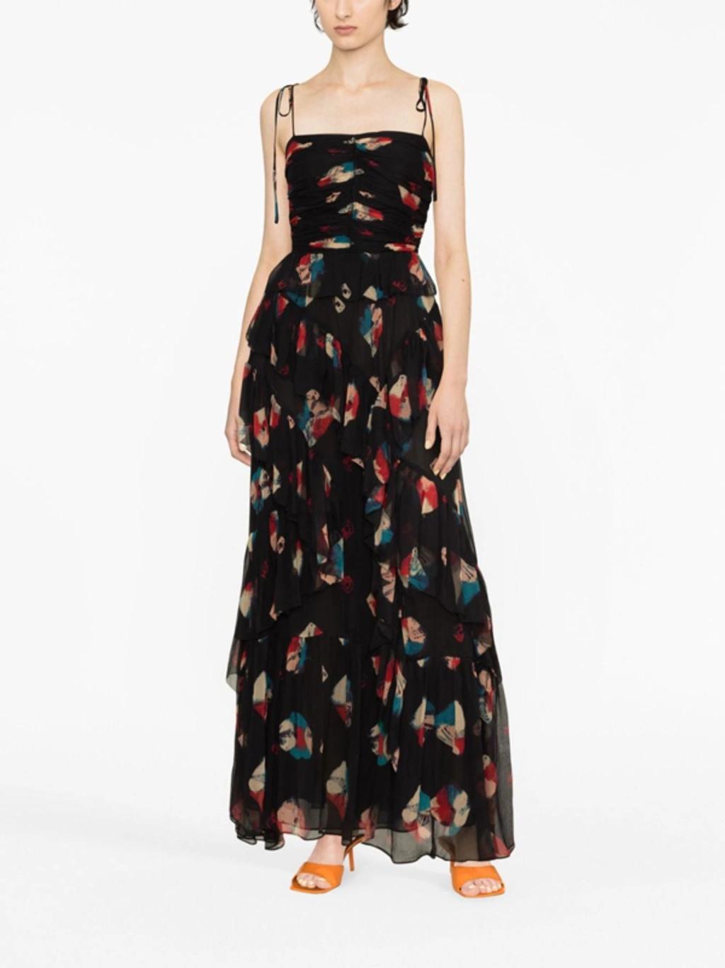 Aveline Printed Ruffled Silk Dress In Black Product Image