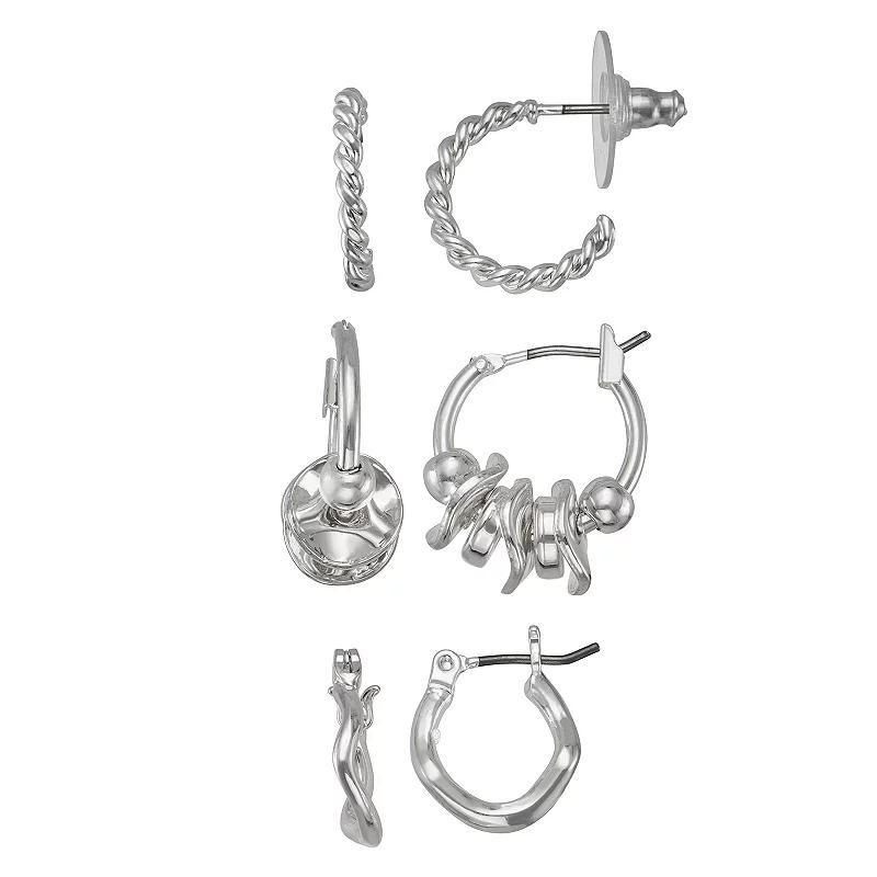 Napier Silver Tone Textural & Sculptural Hoop Earrings Trio Set, Womens Product Image