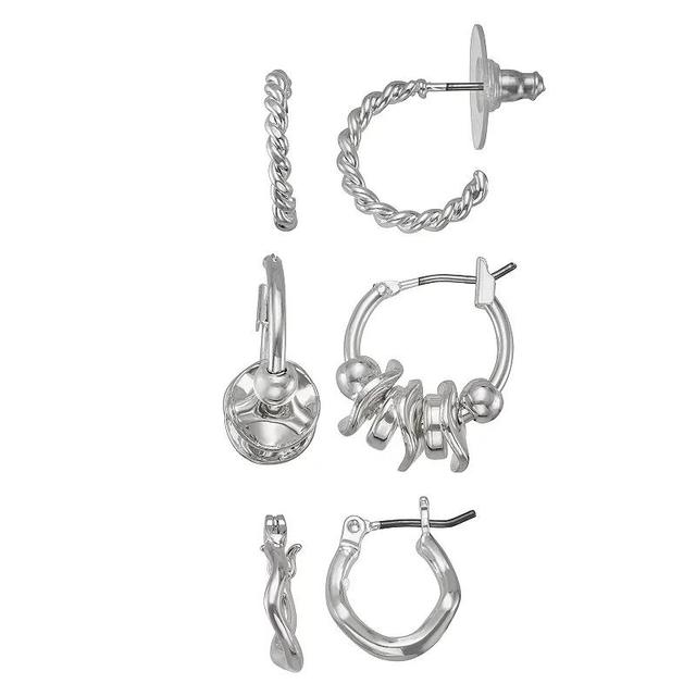 Napier Silver Tone Textural & Sculptural Hoop Earrings Trio Set, Womens Product Image