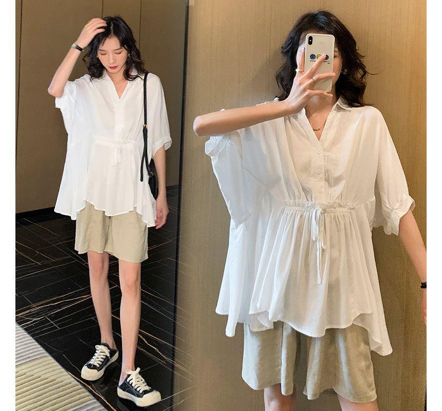 Maternity Short-Sleeve Plain Asymmetrical Shirt / High Waist Shorts Product Image