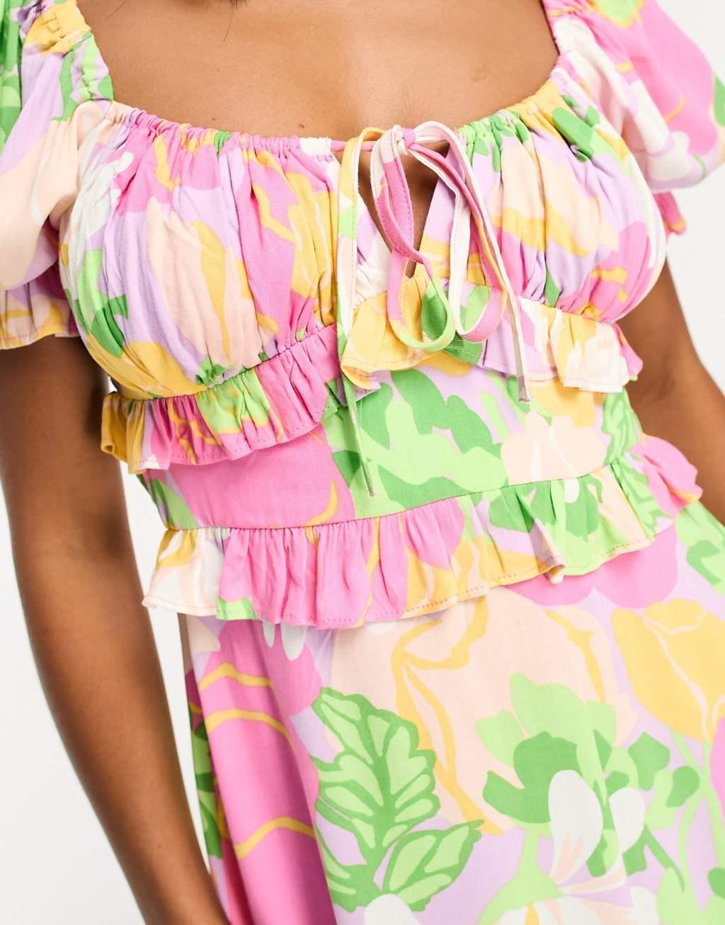 Miss Selfridge Petite milkmaid frill detail mini tea dress Product Image