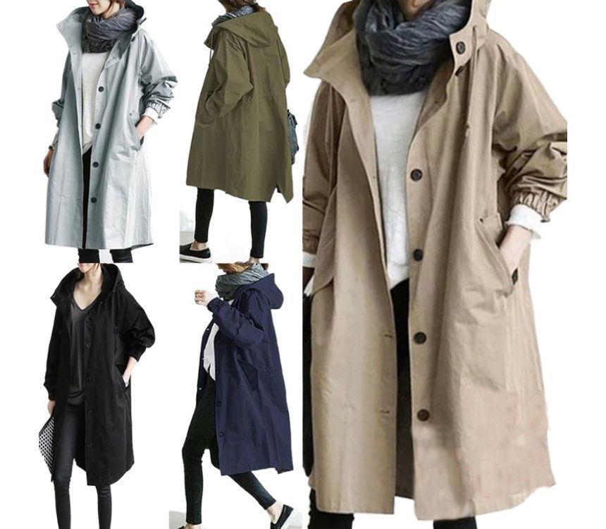 Plain Hooded Long Single-Breasted Trench Jacket Product Image