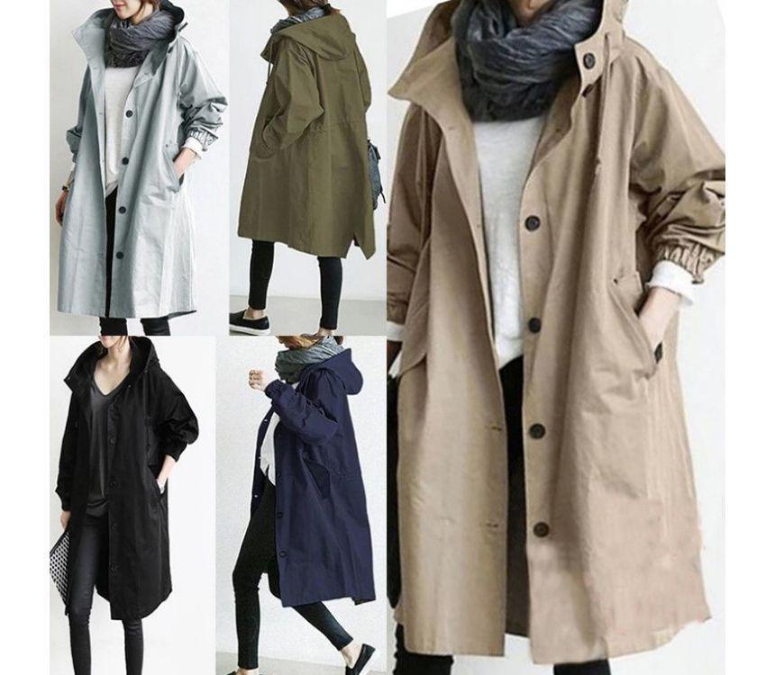 Plain Hooded Long Single-Breasted Trench Jacket Product Image