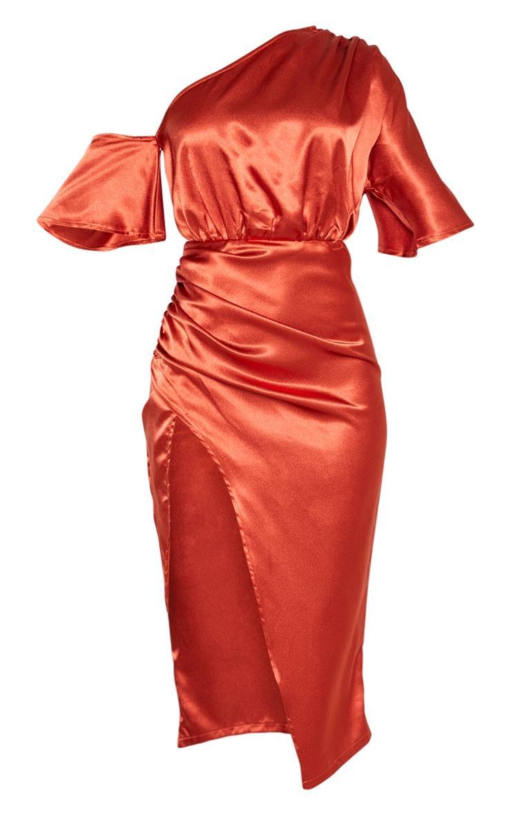 Rust Satin One Shoulder Ruched Skirt Midi Dress Product Image