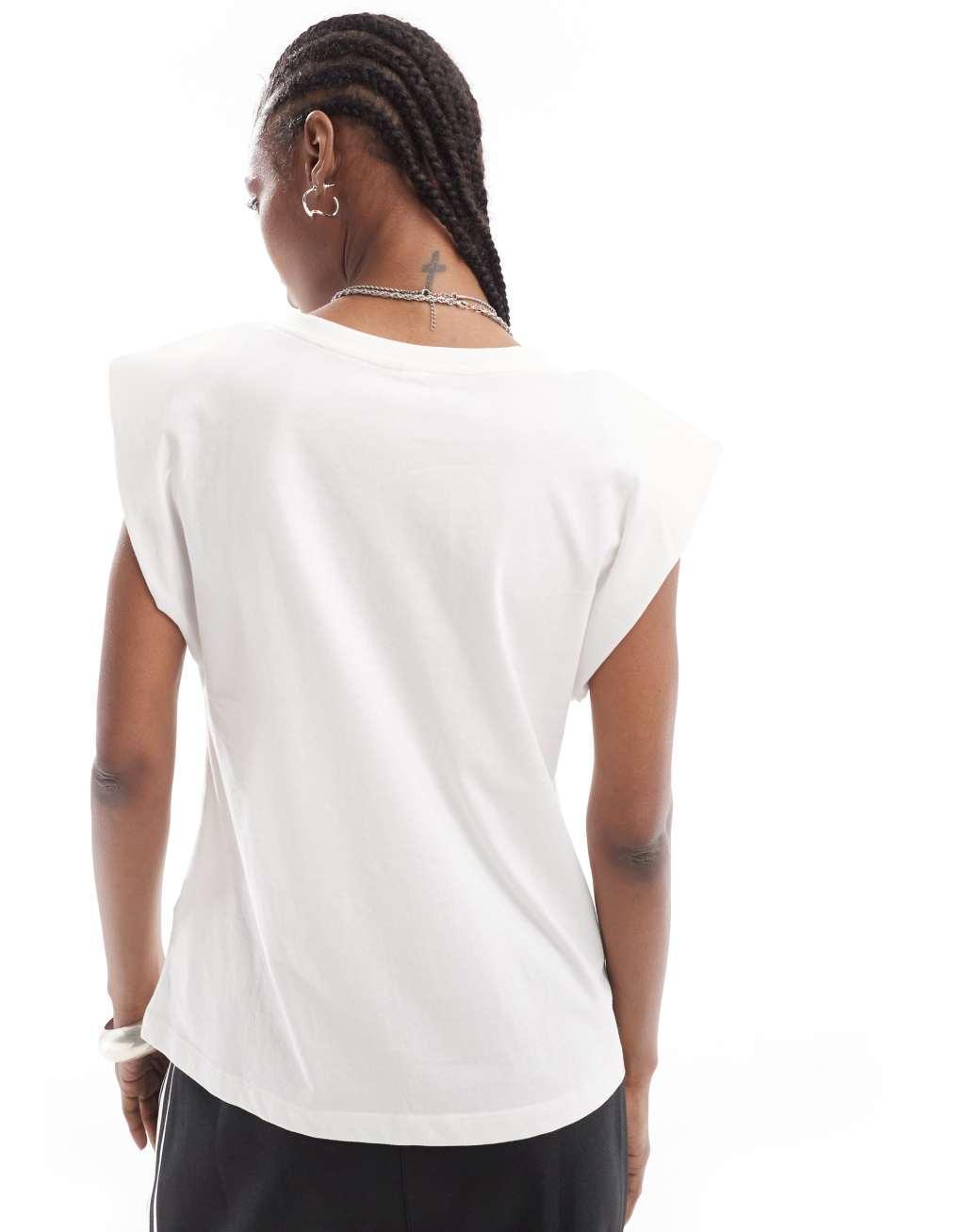 ONLY v neck padded shoulder T-shirt in white  Product Image