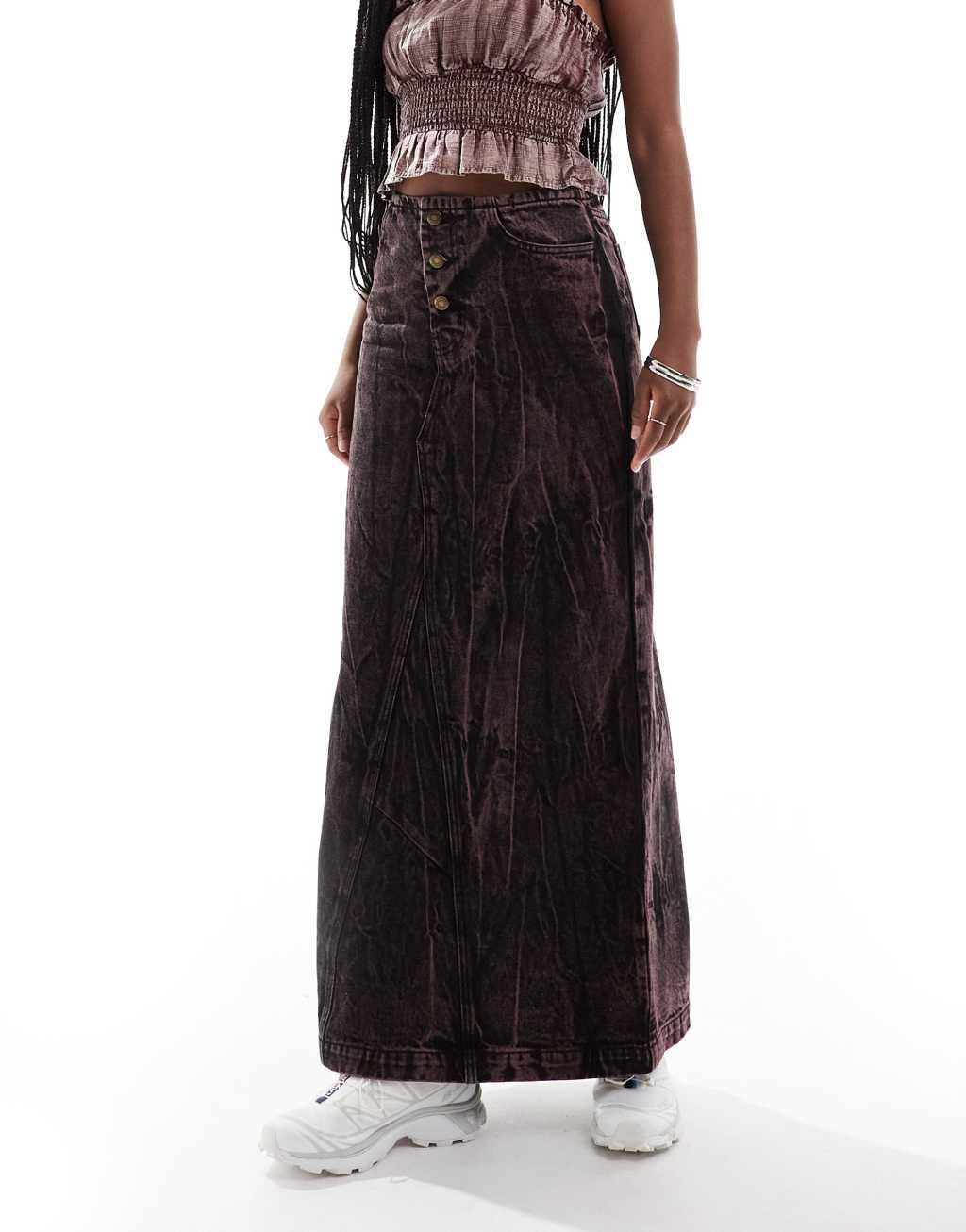 Deus Ex Machina acid wash denim maxi skirt in brown Product Image