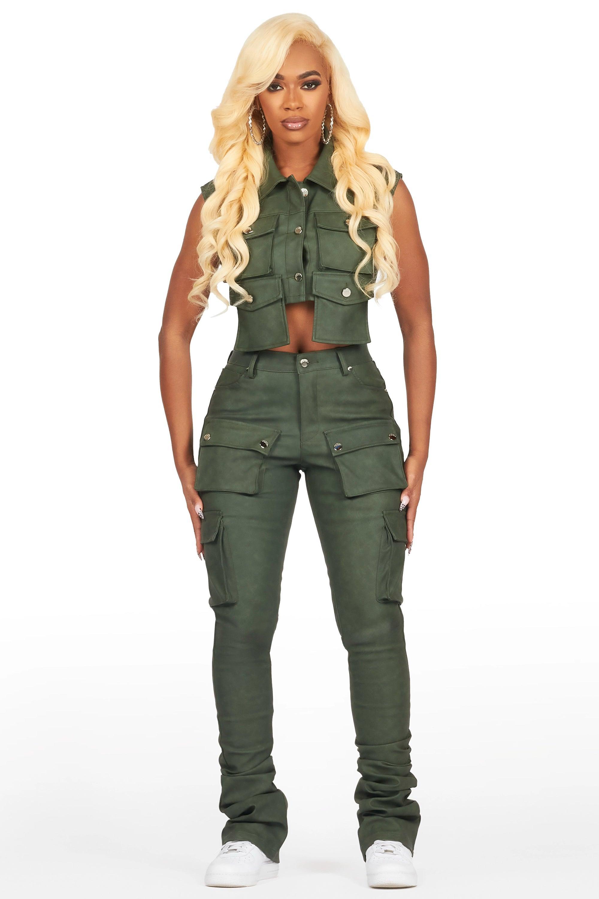 Kiedra Green Cargo Faux Leather Vest Female Product Image