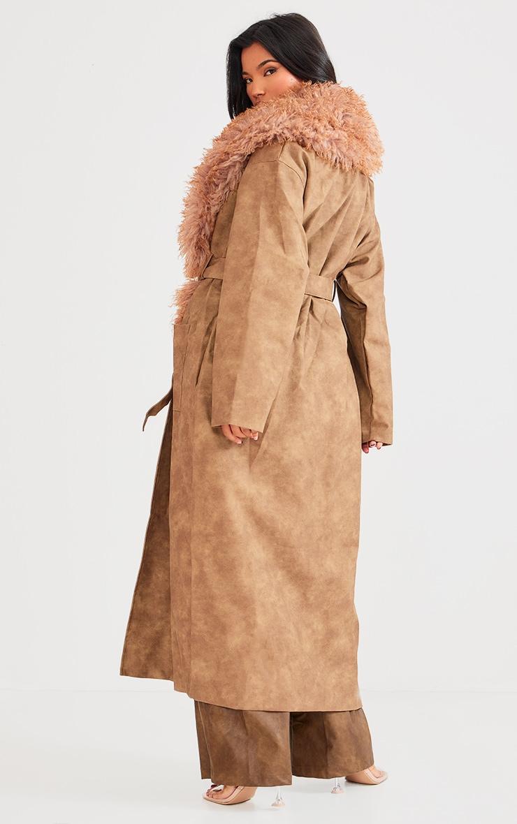 Brown Faux Shaggy Fur Distressed Faux Leather Belted Coat Product Image