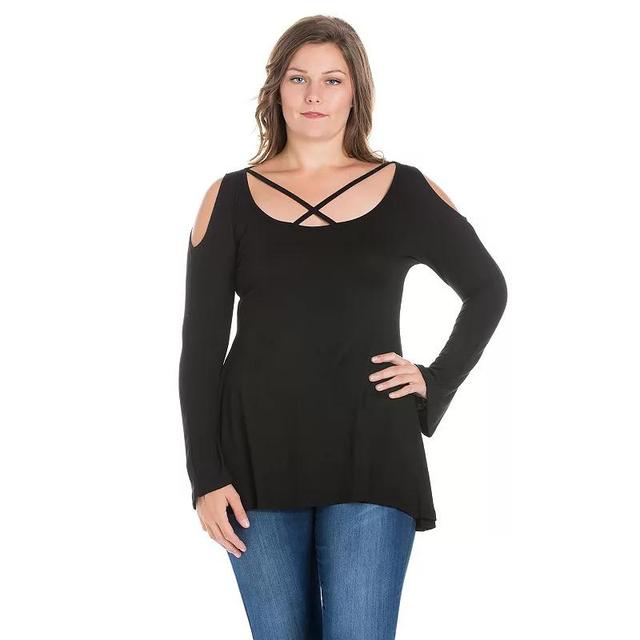 Plus Size 24Seven Comfort Apparel Long Sleeve Criss Cross Cold Shoulder Top, Womens Product Image