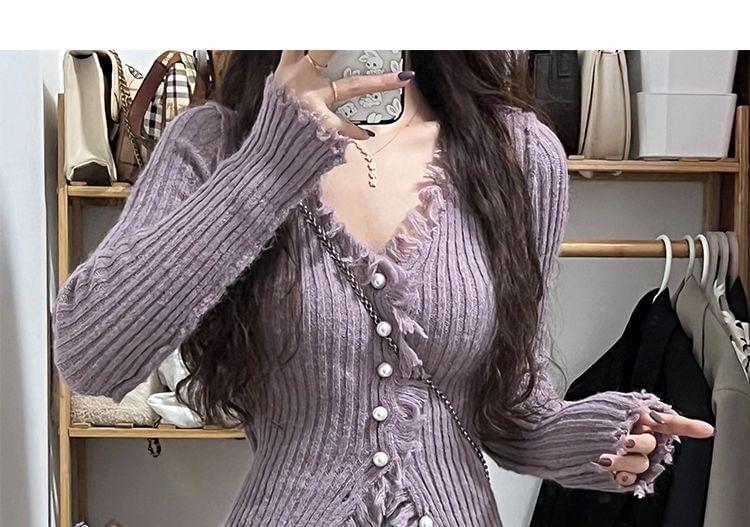 Long-Sleeve V-Neck Fringed Button Ribbed Knit Top Product Image