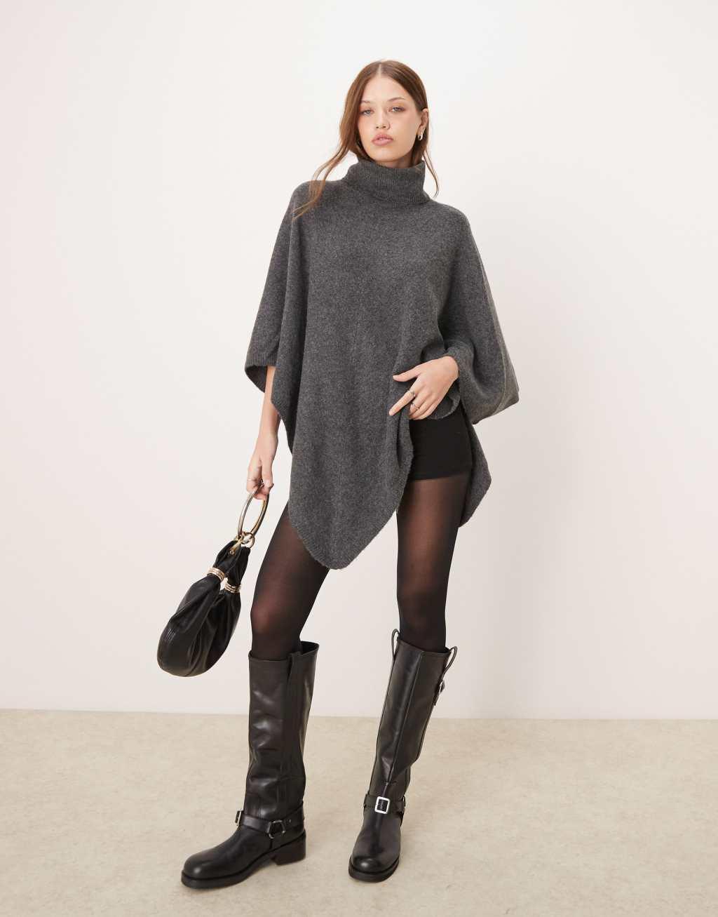 JDY roll neck knit poncho in dark gray melange Product Image