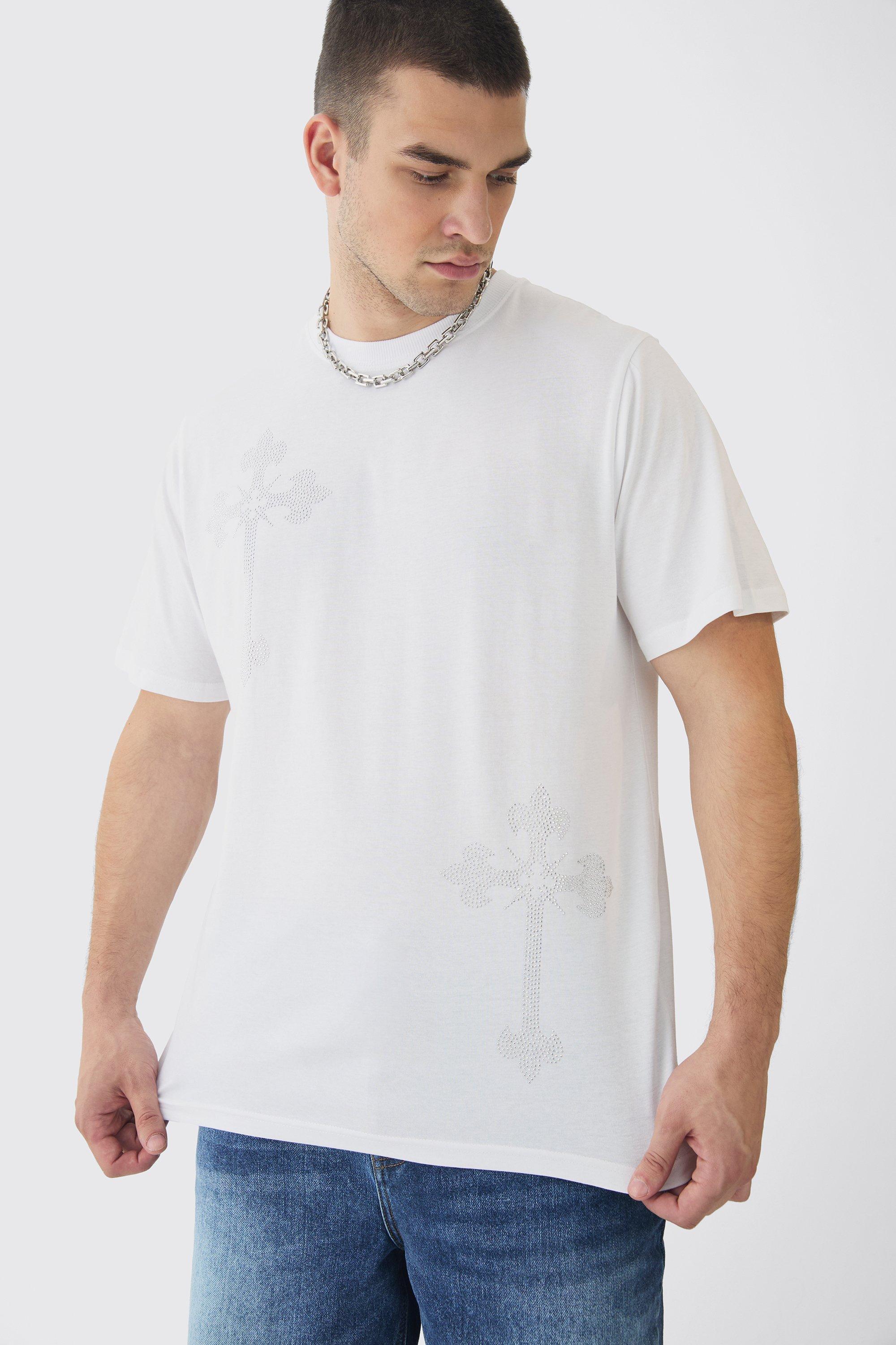 Tall Oversized Cross Rhinestone Printed T-Shirt In White | boohooMAN USA Product Image