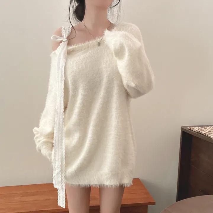 Long Sleeve Off Shoulder Lace Bow Sweat Dress Product Image