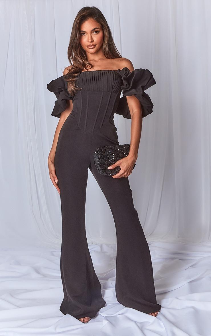 Black Woven Pleated Corset Detail Bardot Frill Jumpsuit. Product Image