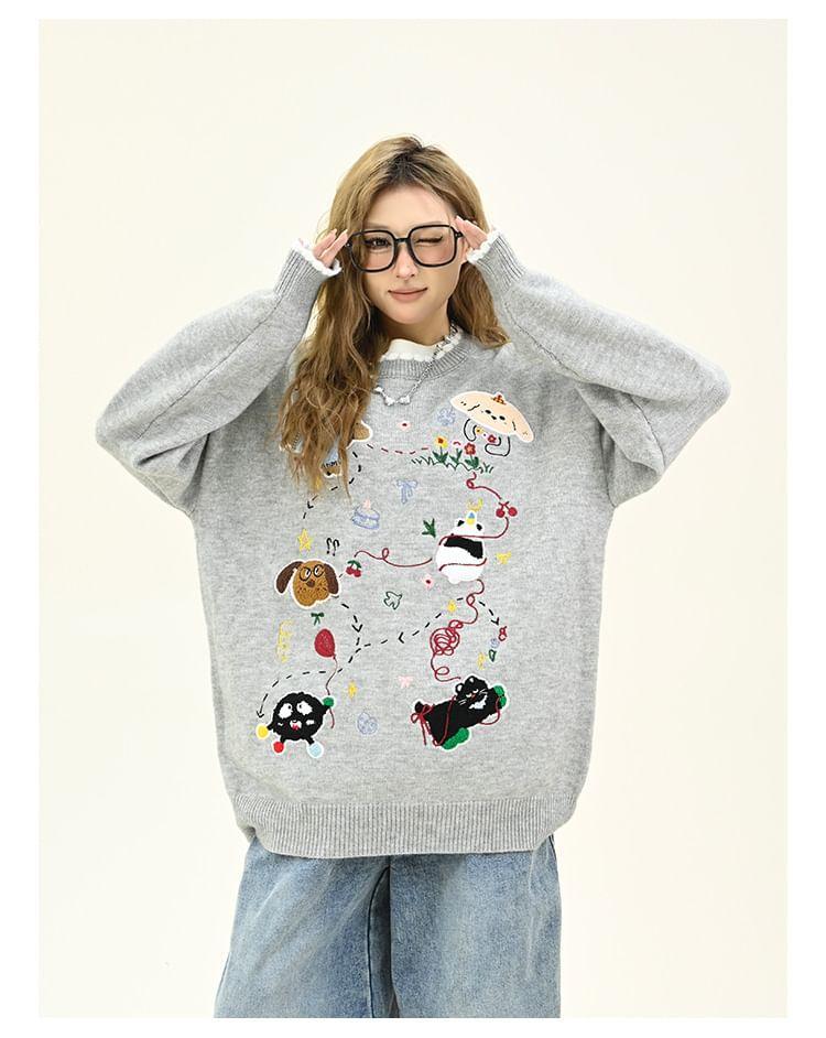 Drop Shoulder Crew Neck Cartoon Embroidered Oversized Sweater Product Image