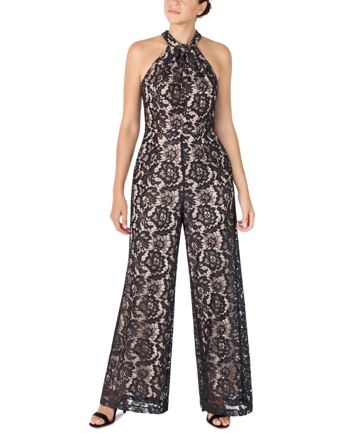 Julia Jordan Sleeveless Twisted Halter Neck Lace Wide Leg Jumpsuit Product Image