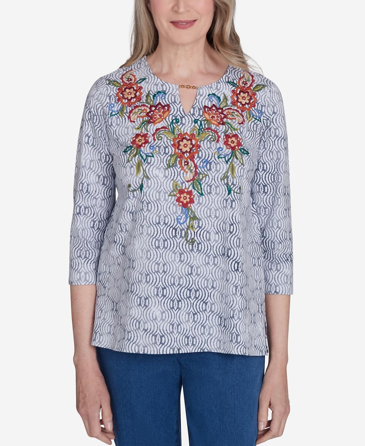 Womens Alfred Dunner Textured Floral Embroidered Split Neck Top Product Image