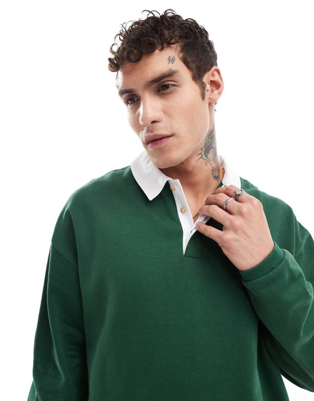 ASOS DESIGN oversized rugby polo sweatshirt in dark green Product Image