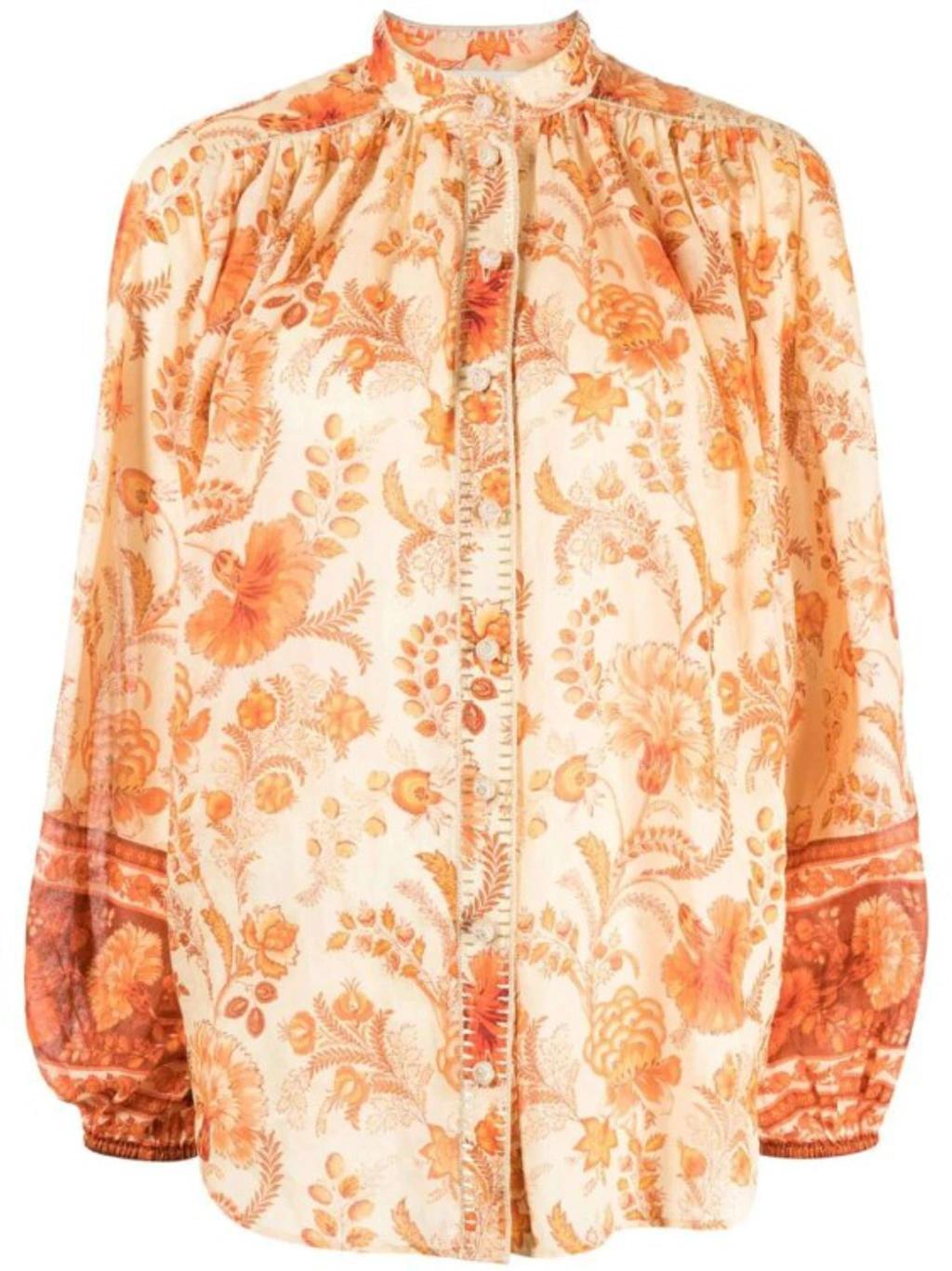 Junie Gathered Embellished Floral-print Ramie Blouse In Orange Product Image