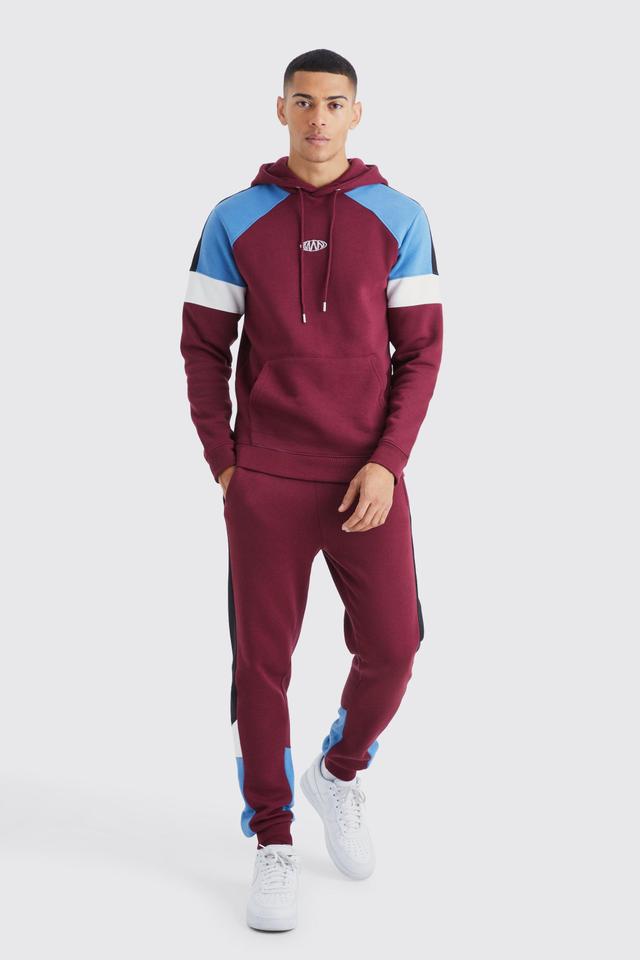 Mens Red Man Slim Fit Colour Block Hooded Tracksuit, Red Product Image