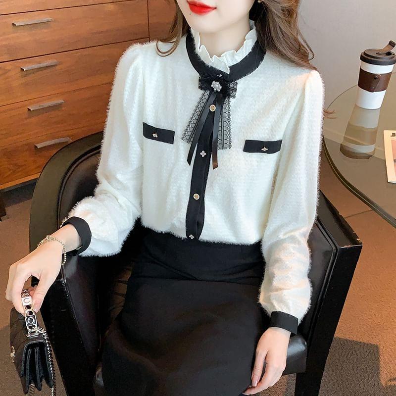 Long-Sleeve Stand Collar Bow Accent Contrast Trim Button-Up Blouse Product Image