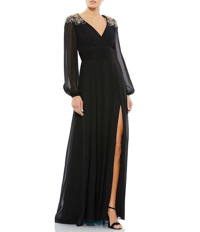 Mac Duggal Long Sleeve Beaded Shoulder Thigh High Slit Surplice V-Neck Chiffon A-Line Gown Product Image