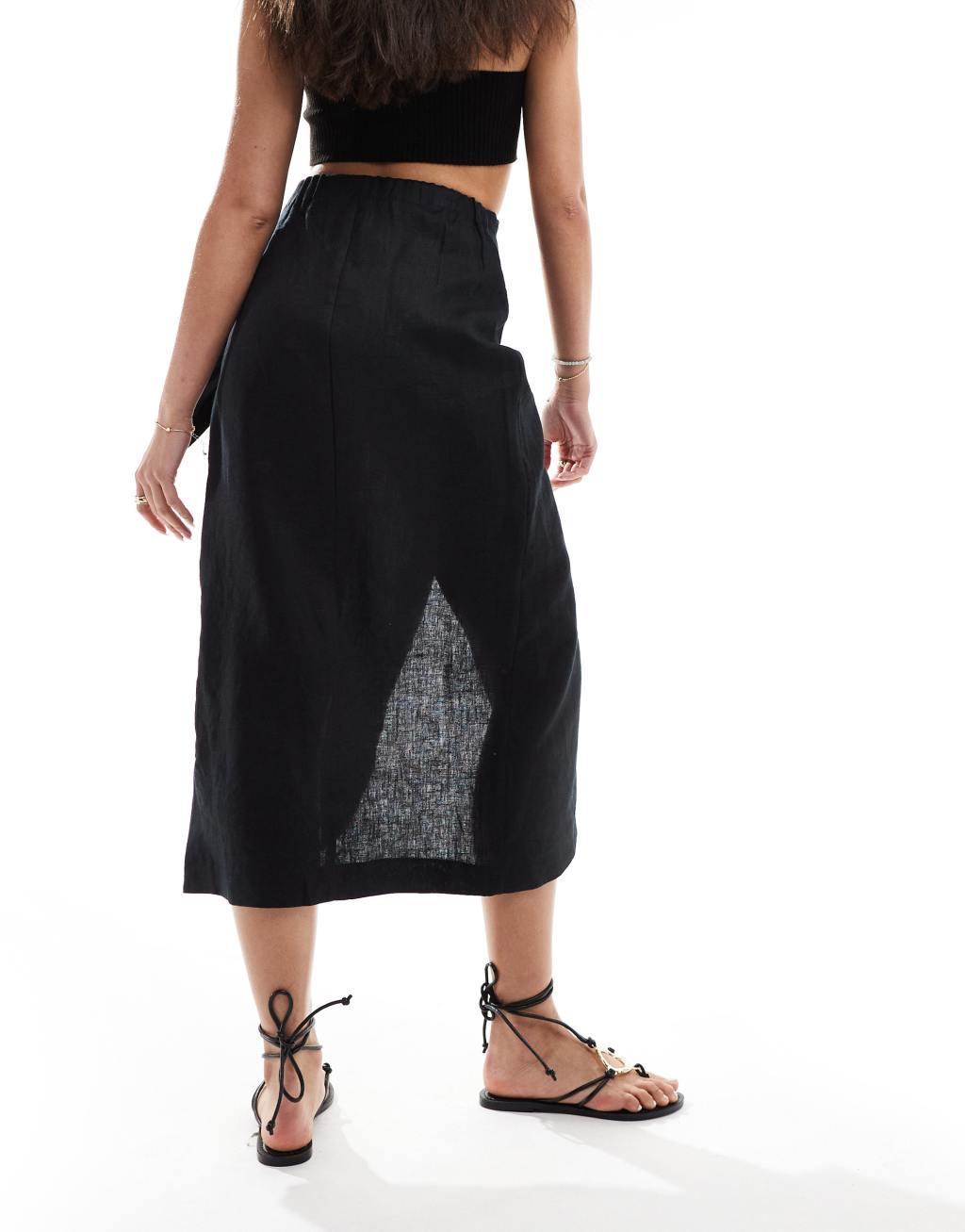 Mango wrap front linen skirt in black Product Image