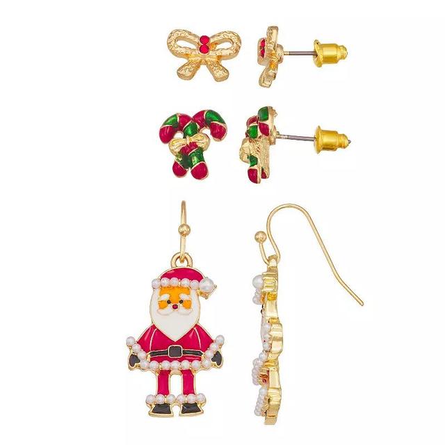 Celebrate Together Gold Tone Bow, Candy Cane, & Santa Claus Earring Set, Womens, Multi Product Image