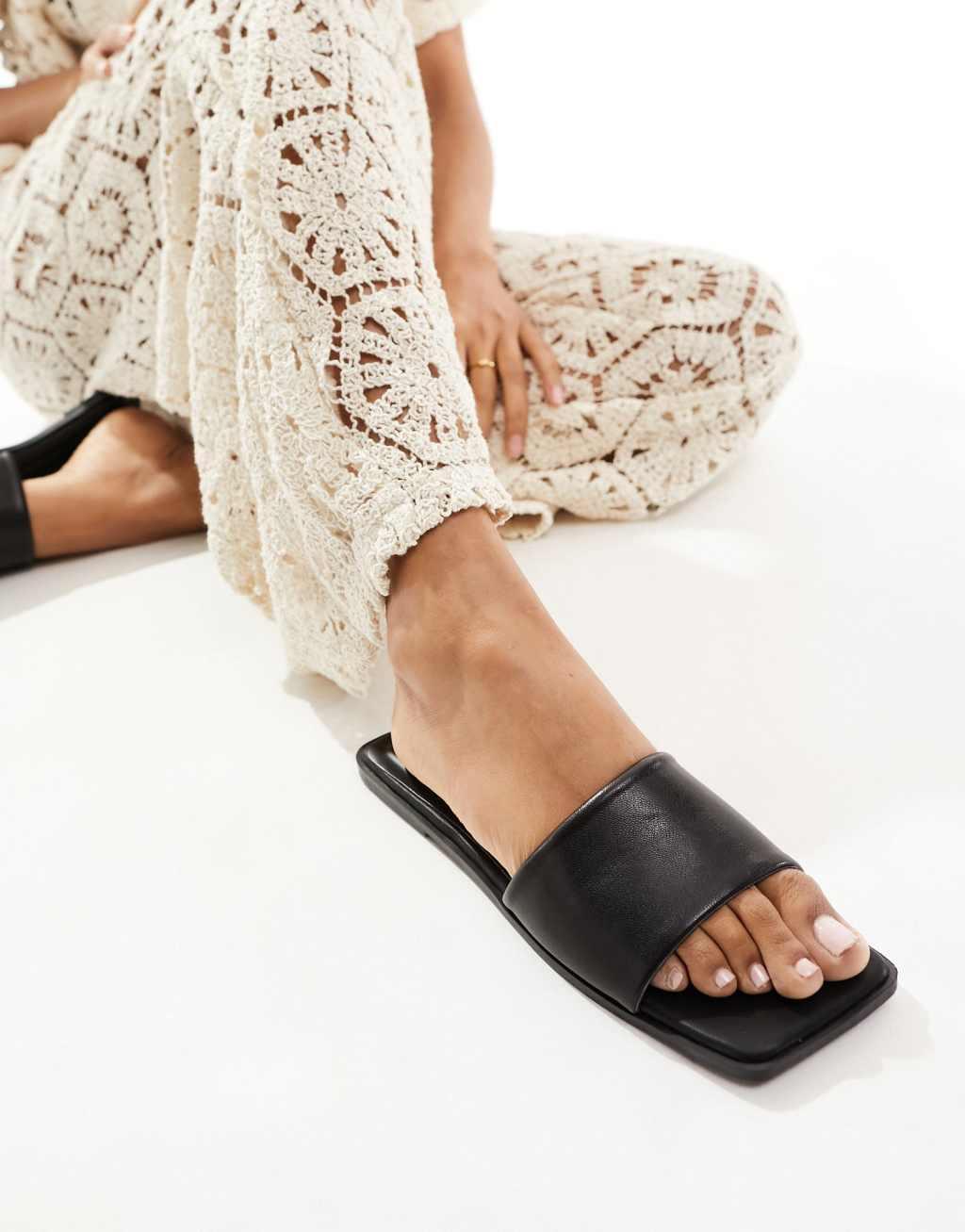 ASOS DESIGN Fig square toe flat sandals in black Product Image